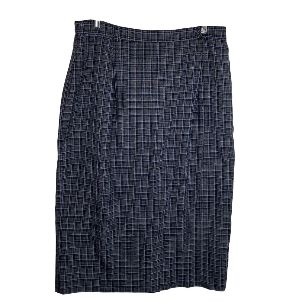 David Brooks 100% Wool Gray Blue Plaid Lined Skirt Vintage Preppy Academia Style